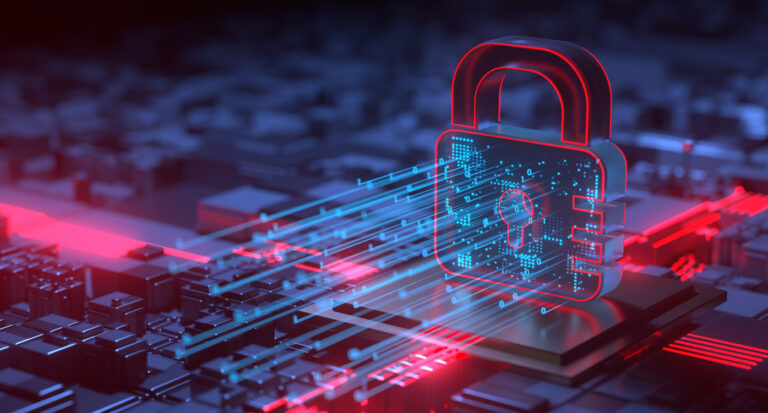 A digital padlock with a glowing blue circuit board inside, representing cybersecurity and CMMC Compliance.