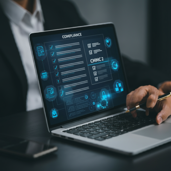 Close-up of a laptop screen displaying compliance checklists and CMMC 2. icons, symbolizing cybersecurity requirements for defense contractors.